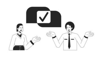 Coworkers collaboration bw concept vector spot illustration. Colleagues reaching agreement 2D cartoon flat line monochromatic characters for web UI design. Editable isolated outline hero image