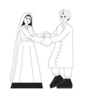 Indian bride and groom reception monochromatic flat vector characters. South asia traditional clothing. Editable line full body people on white. Simple bw cartoon spot image for web graphic design