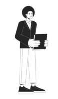 African american employee holding paperwork bw vector spot illustration. Businessperson standing 2D cartoon flat line monochromatic character for web UI design. Editable isolated outline hero image