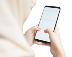 hijab woman holding smart phone mockup png