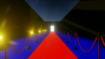 3d animación vídeo caminando en el rojo alfombra a el blanco ligero puerta video