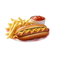 delicioso caliente perro con salsa de tomate y mostaza, francés papas fritas, aislado en transparente antecedentes. ai generado png