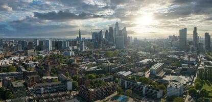 Panoramic aerial view of the city of London center with skyscraper buildings on the horizon. photo