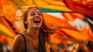 contento niña con arco iris banderas ilustración ai generativo foto