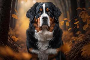 Bernese mountain dog in autumn forest. photo