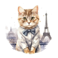 Cute French Cat Watercolor. Illustration AI Generative png