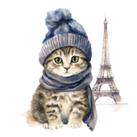 Cute French Cat Watercolor. Illustration AI Generative png