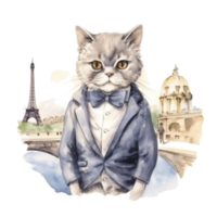 Cute French Cat Watercolor. Illustration AI Generative png
