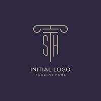 SH initial with pillar logo design, luxury law office logo style vector