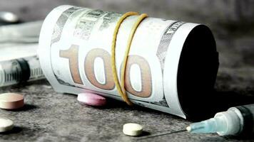 Healthcare cost concept with us dollar, container and pills on table video