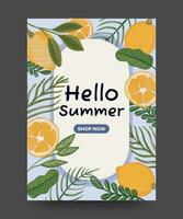 Hello summer poster with tropical leaves and exotic fruit. Suit for promotion, banner, cover ect vector