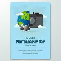 World Photography Day August 19th poster design with camera globe polaroid illustration vector