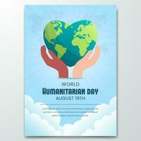 World Humanitarian Day poster design with multiple ethnic hands and heart shape globe illustration vector