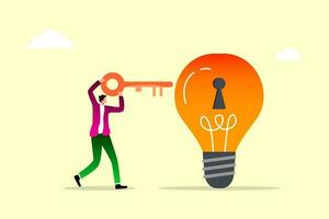 person with idea, smart businessman holding golden key about to insert into key hold on lightbulb idea lamp, Unlock new business idea, invent new product or creativity concept. vector