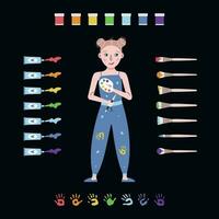 Flat vector painting tools in childish style. Hand drawn art supplies, paint brush, palm, kid with palette