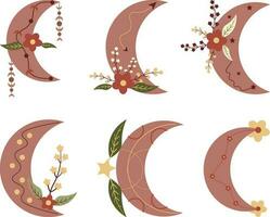 Crescent moon with flowers, leaves and berries. Vector illustration.