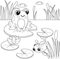 Coloring book for children. Cute cartoon frog sitting on a pond. vector