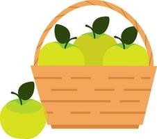 Vector illustration of straw basket with green apples in cartoon style