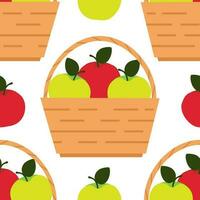 Vector seamless pattern with straw baskets with green and red apples in cartoon style