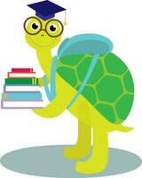 Vector illustration of cute turtle in glasses with pile of books and student cap in cartoon style. Back to school template