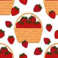 Vector seamless pattern with straw baskets with strawberries in cartoon style