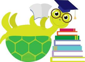 Vector illustration of cute turtle in glasses with pile of books and student cap in cartoon style. Back to school template