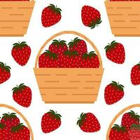 Vector seamless pattern with straw baskets with strawberries in cartoon style