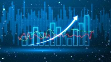 Stock market growth in futuristic technology style. Successful financial graphic on blue background. Business growth illustration with the bar chart static and up arrow. vector