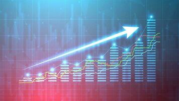 Business growth illustration with the bar chart static and up arrow. Successful financial graphic on blue background. Stock market growth in futuristic technology style. vector