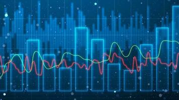 Futuristic bar chart wallpaper with red and green trend lines. Glowing financial static data illustration. Stock market digital display vector