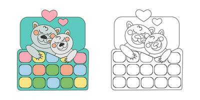 vector illustration coloring book two polar bears in love sleep under a patchwork quilt blanket in bed. An outline black and white drawing and a color version for an example.