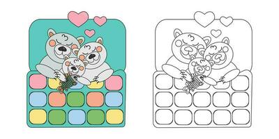 vector illustration coloring book sleeping family of polar cartoon bears under a patchwork quilt blanket in bed. An outline black and white drawing and a color version for an example