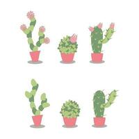 vector illustration set of stylized indoor cacti. Succulents in coral pots blooming and without flowering.