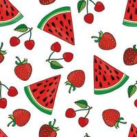 vector illustration of seamless pattern summer fruits, berries. Watermelon slices, strawberries and cherries on a white background