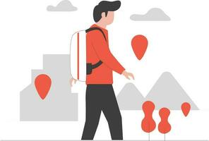 Man with backpack and map pointer. Vector illustration in flat style.