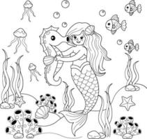 Cute mermaid in the sea. Underwater world. Coloring book for children. vector