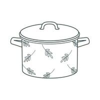 Dishes. A pot with a lid and a floral ornament. Line art. vector