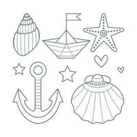 Set of seashells, starfish, anchor, ship in flat cartoon style. vector