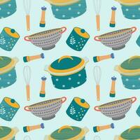 Pattern of kitchen utensils, pan, sugar bowl, whisk, baking dish, colander, salt shaker. vector