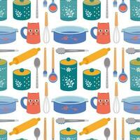 Pattern of kitchen utensils, pan, spoon, mug, sugar bowl, whisk, ladle, baking dish. vector