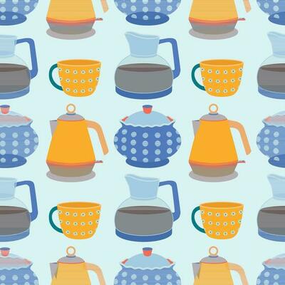 Pattern of kitchen utensils, kettle, coffee maker, mug, sugar bowl.