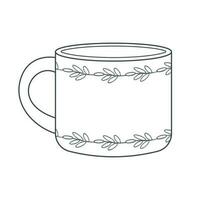 Dishes. Blue mug with floral ornament. Line art. vector