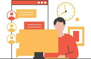 Flat design vector illustration concept of remote work. Man working on laptop  in office.