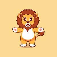 Cute lion cartoon vector icon illustration standing raising both hands