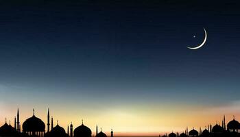 fondo islámico, diseño de ramadán kareem con mezquitas de cúpula de silueta, luna creciente en el cielo del atardecer, vetor noche de ramadán con cielo crepuscular para la religión islámica, eid al-adha, eid mubarak, eid al fitr vector