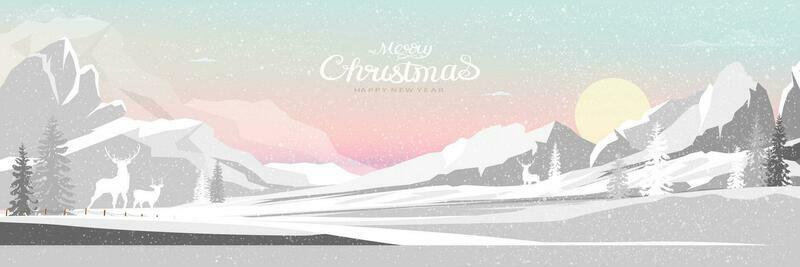 Christmas background with deers in forest.Winter forest landscape with reindeer, snow falling over mountain in morning sunrise sky,Vector cartoon Winter wonderland for xmas holiday,New Year 2014 Card
