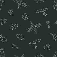 Cosmos doodle is a set of vector illustrations. Seamless pattern icons of space elements rocket cosmonaut stars satellite telescope comet