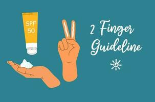 Banner with two finger rule for sunscreen on blue background. Summer skincare and protection concept. Hand with two fingers, palm with SPF cream and tube. Flat vector illustration