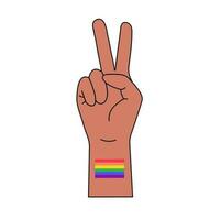 Pride LGBT symbols. Hand with two fingers and rainbow on the wrist. Supporting love freedom. Flat vector illustration.