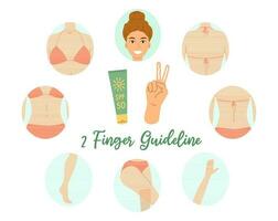 Two finger rule for sunscreen instructions. Summer skincare and protection concept. Hand with SPF cream on two fingers. How much to apply and on which parts of the body. Flat vector illustration